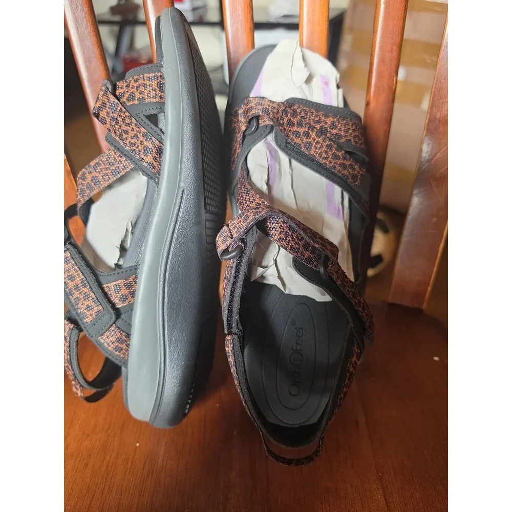 Orthofeet Women's Black/Brown Animal Print Strappy Sandals US 8.5  Hook & Loop
